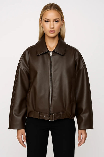 Leather Jacket for Women | Oversized Belted Zip-Front