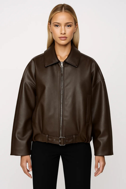 Leather Jacket for Women | Oversized Belted Zip-Front