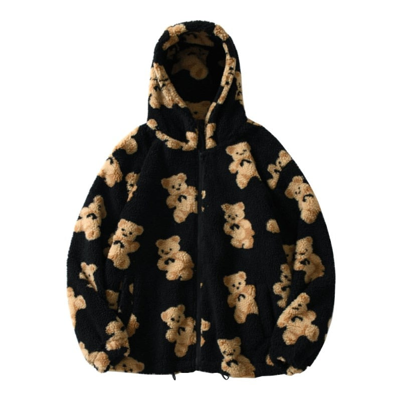 Annabelle | Oversized Fluffy Sherpa Jacket with Hood and Teddy Bear Print