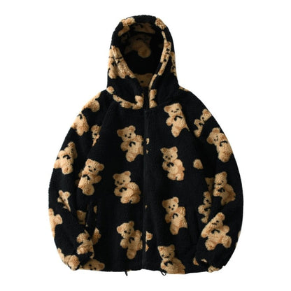 Annabelle | Oversized Fluffy Sherpa Jacket with Hood and Teddy Bear Print