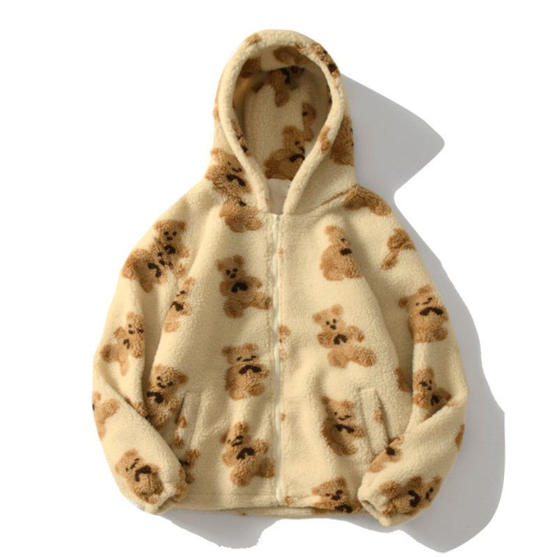 Annabelle | Oversized Fluffy Sherpa Jacket with Hood and Teddy Bear Print