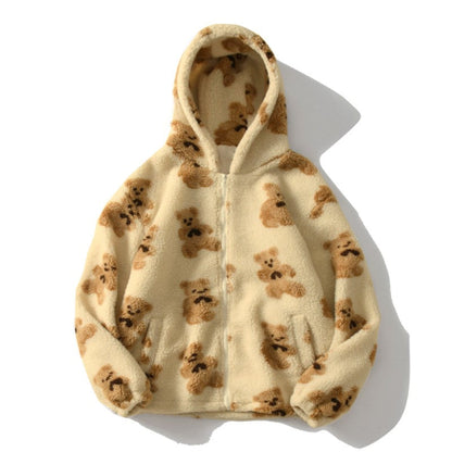 Annabelle | Oversized Fluffy Sherpa Jacket with Hood and Teddy Bear Print