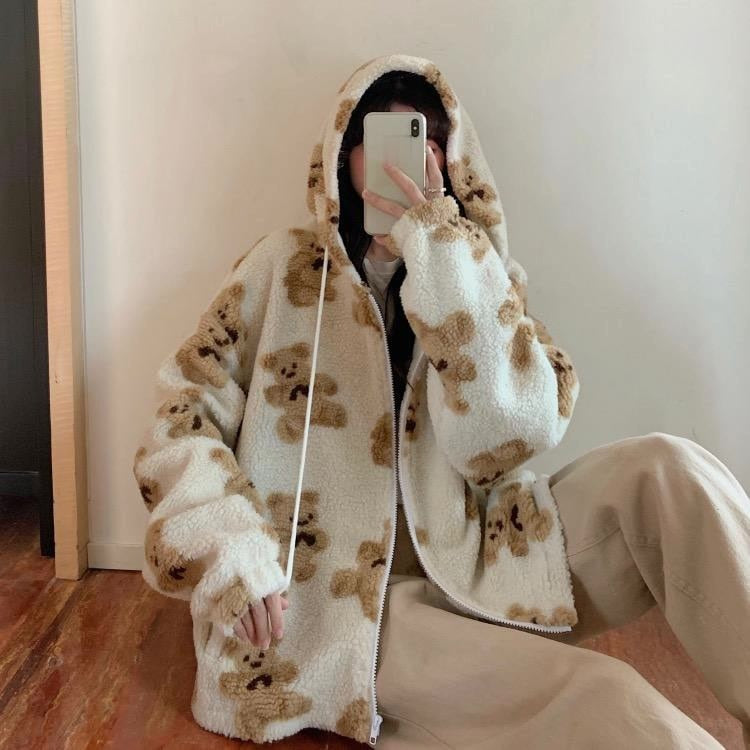 Annabelle | Oversized Fluffy Sherpa Jacket with Hood and Teddy Bear Print