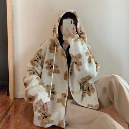 Annabelle | Oversized Fluffy Sherpa Jacket with Hood and Teddy Bear Print