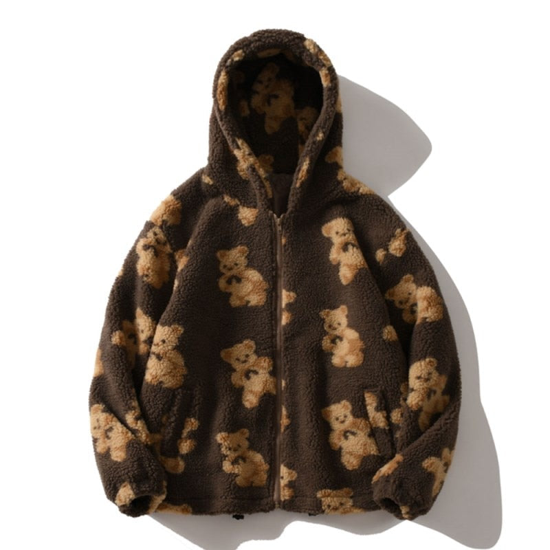 Annabelle | Oversized Fluffy Sherpa Jacket with Hood and Teddy Bear Print