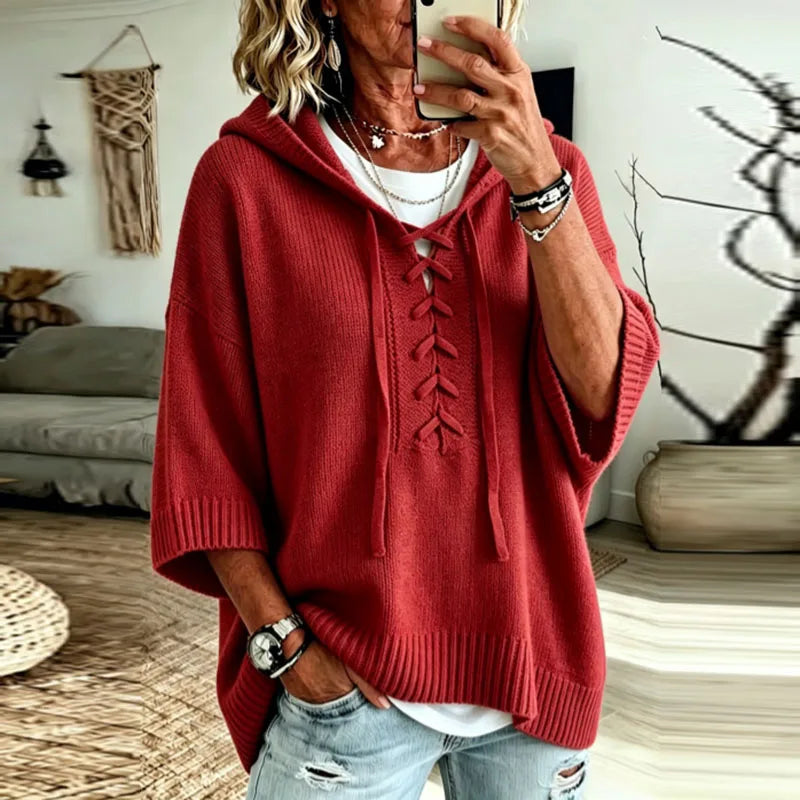 Peony | Oversized Hooded Knit Jumper with Lace-Up Neck
