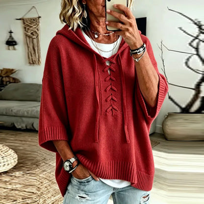 Peony | Oversized Hooded Knit Jumper with Lace-Up Neck
