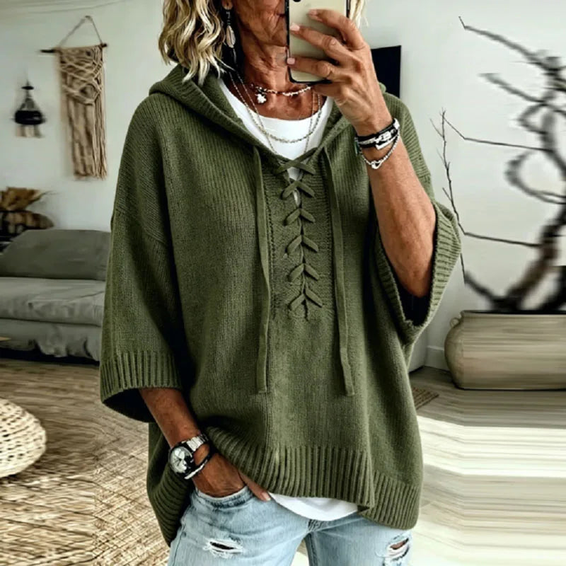 Peony | Oversized Hooded Knit Jumper with Lace-Up Neck