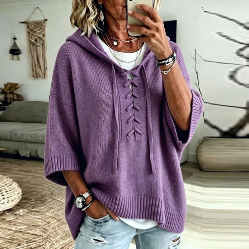 Peony | Oversized Hooded Knit Jumper with Lace-Up Neck