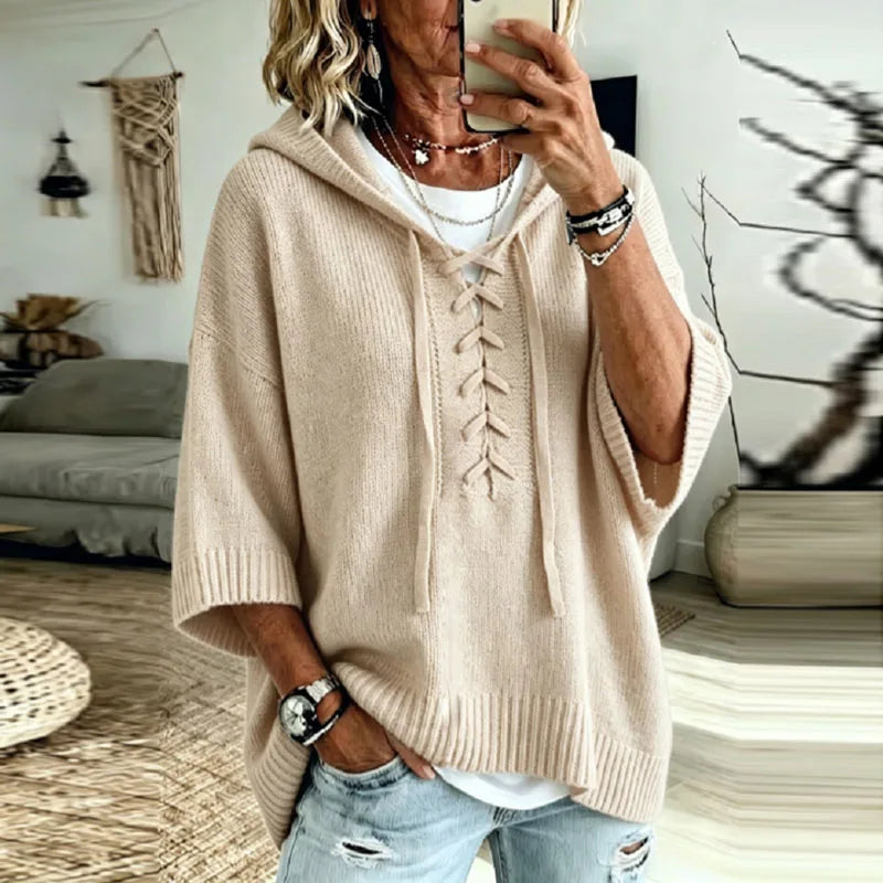 Peony | Oversized Hooded Knit Jumper with Lace-Up Neck