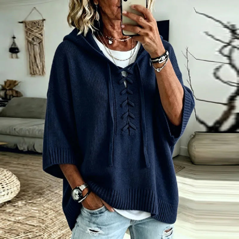 Peony | Oversized Hooded Knit Jumper with Lace-Up Neck