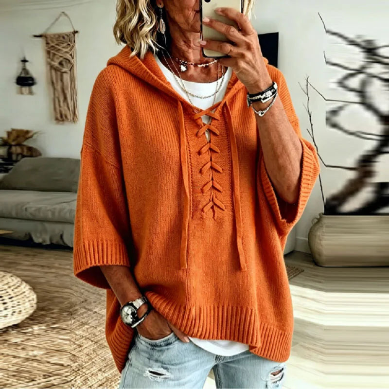 Peony | Oversized Hooded Knit Jumper with Lace-Up Neck