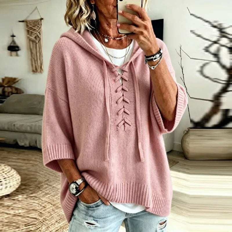 Peony | Oversized Hooded Knit Jumper with Lace-Up Neck