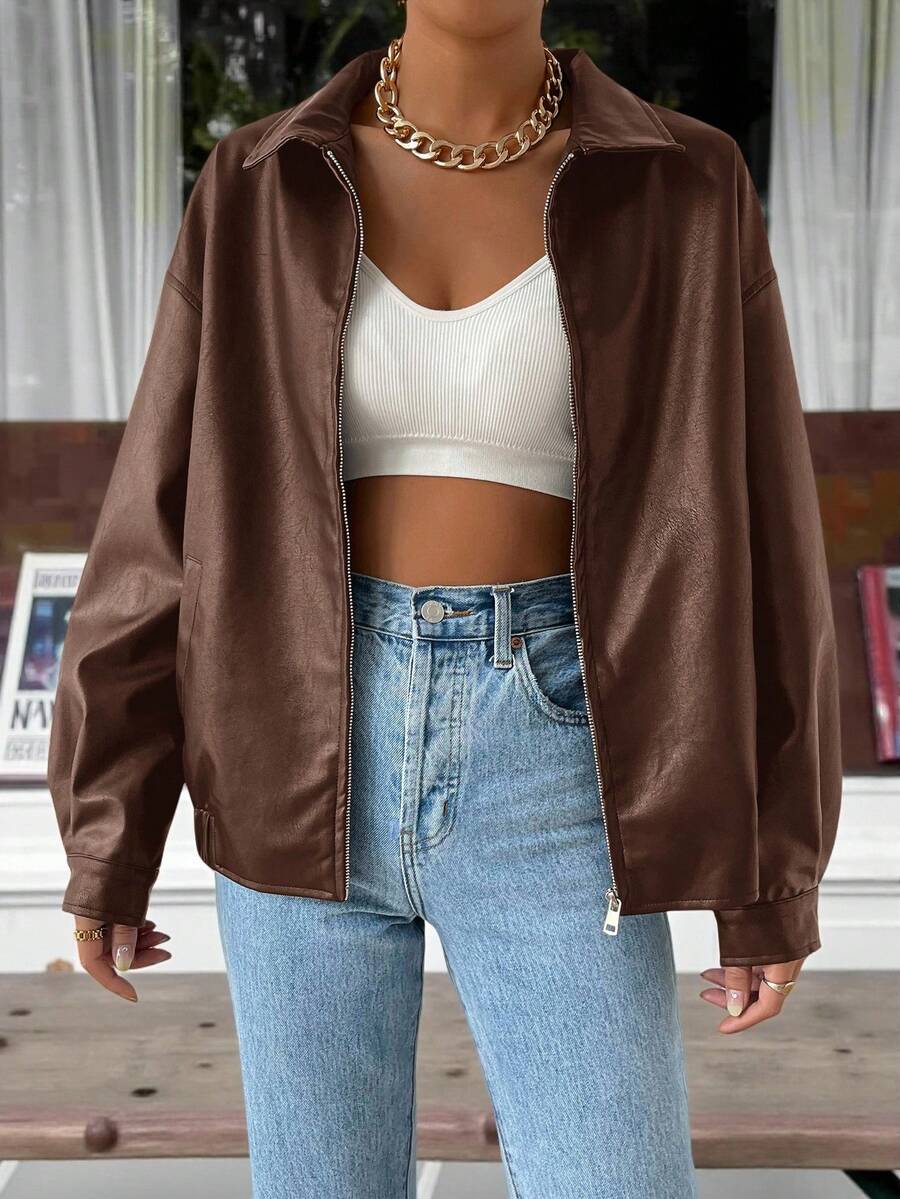 Leather Jacket for Women | Oversized Drop-Shoulder Collar
