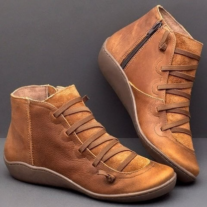 Linda | Leather Lace Up Flat Ankle Boots with Side Zip