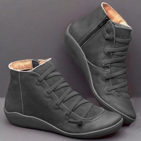 Linda | Leather Lace Up Flat Ankle Boots with Side Zip