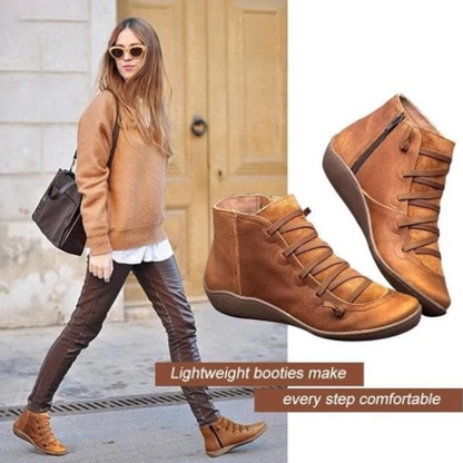 Linda | Leather Lace Up Flat Ankle Boots with Side Zip
