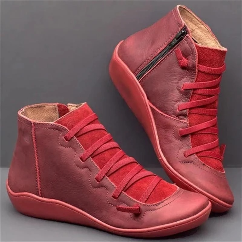 Linda | Leather Lace Up Flat Ankle Boots with Side Zip