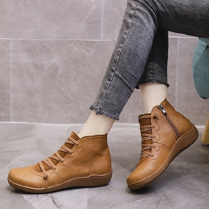 Linda | Leather Lace Up Flat Ankle Boots with Side Zip