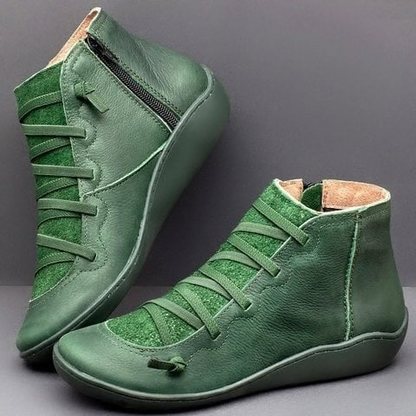 Linda | Leather Lace Up Flat Ankle Boots with Side Zip