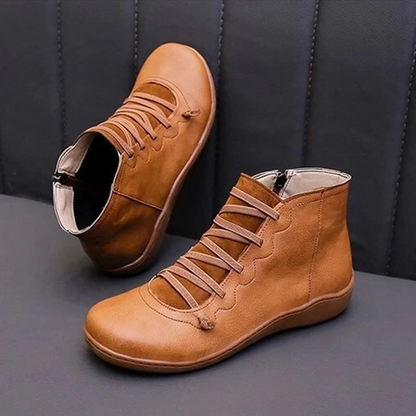 Linda | Leather Lace Up Flat Ankle Boots with Side Zip