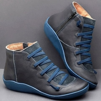 Linda | Leather Lace Up Flat Ankle Boots with Side Zip