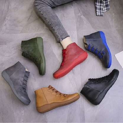 Linda | Leather Lace Up Flat Ankle Boots with Side Zip