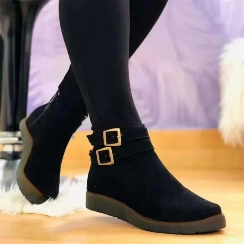 Kim | Suede Double Buckle Flat Ankle Boots