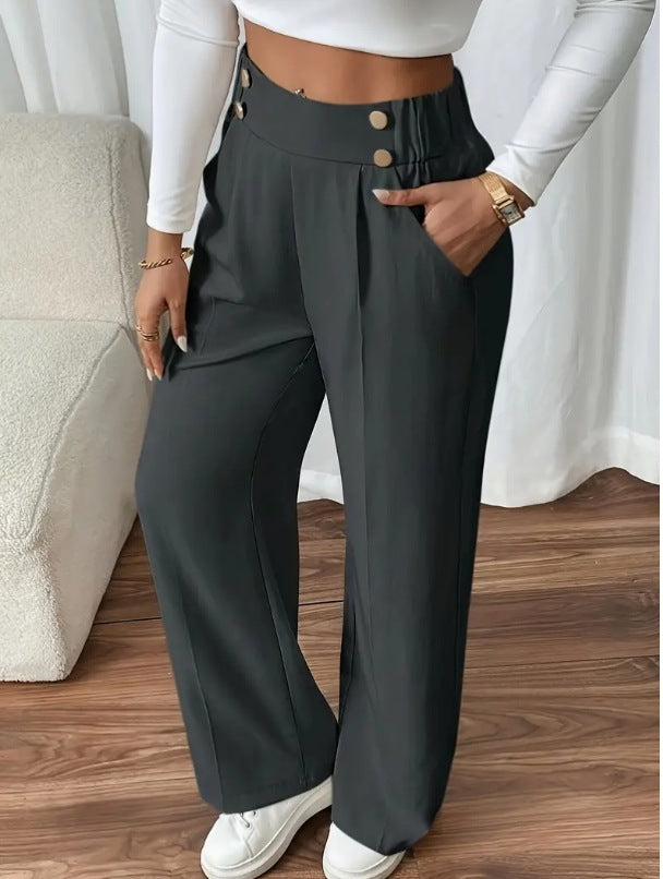 Dee | High Waist Wide Leg Trousers with Button Waistband