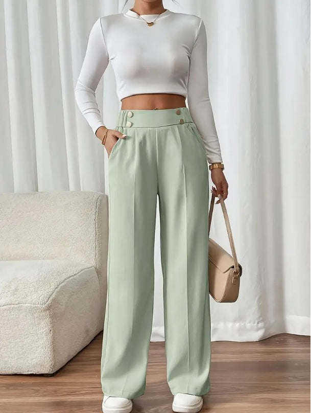 Dee | High Waist Wide Leg Trousers with Button Waistband