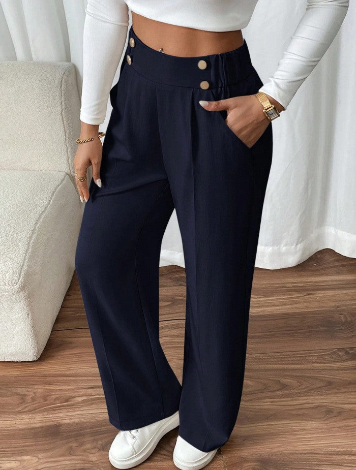 Dee | High Waist Wide Leg Trousers with Button Waistband