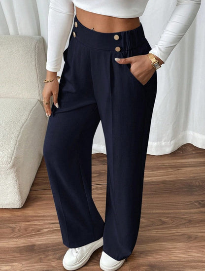 Dee | High Waist Wide Leg Trousers with Button Waistband