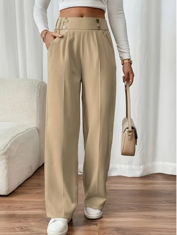 Dee | High Waist Wide Leg Trousers with Button Waistband
