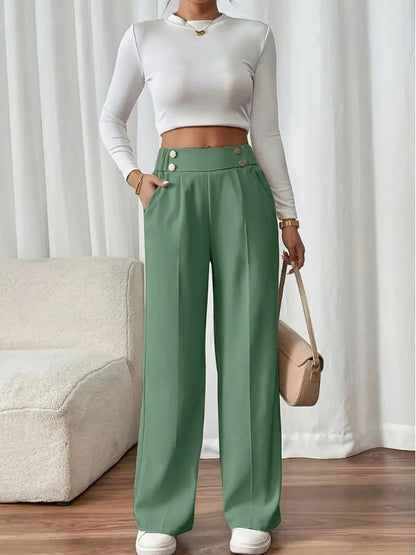 Dee | High Waist Wide Leg Trousers with Button Waistband