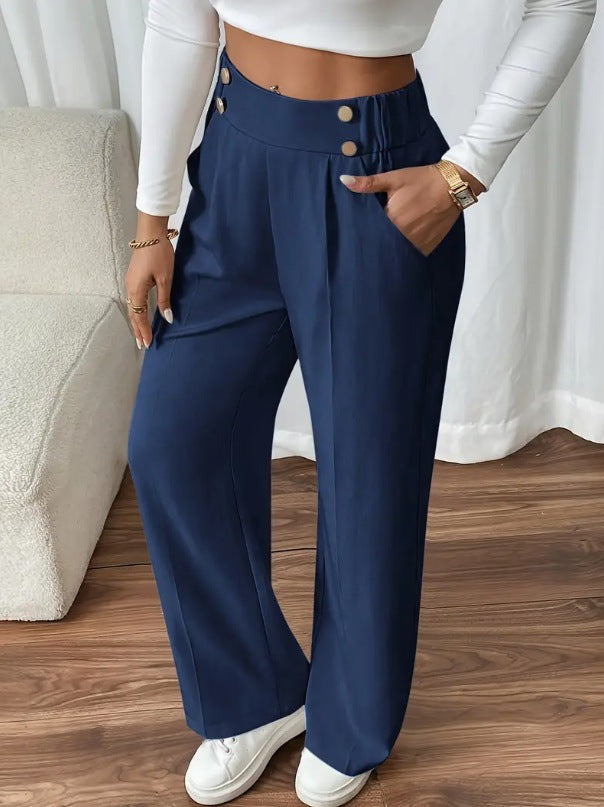 Dee | High Waist Wide Leg Trousers with Button Waistband