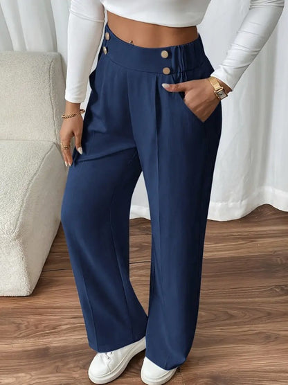 Dee | High Waist Wide Leg Trousers with Button Waistband