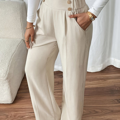 Dee | High Waist Wide Leg Trousers with Button Waistband