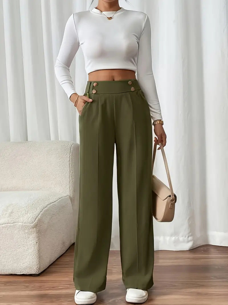 Dee | High Waist Wide Leg Trousers with Button Waistband