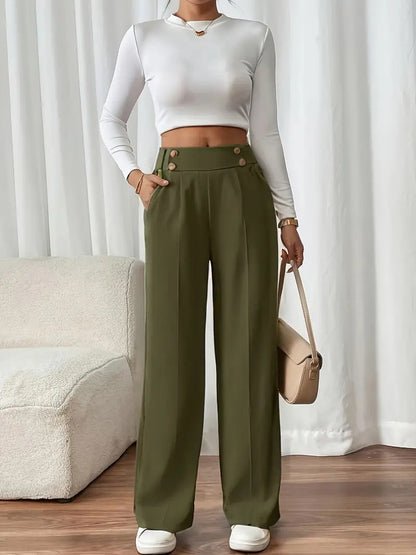 Dee | High Waist Wide Leg Trousers with Button Waistband