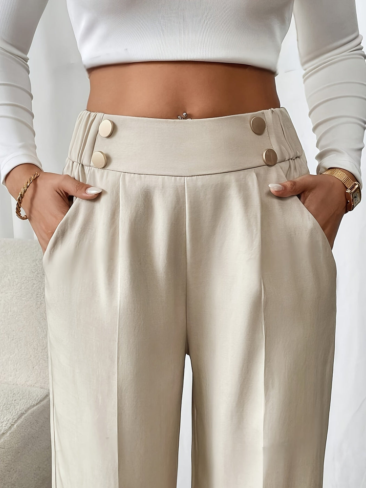 Dee | High Waist Wide Leg Trousers with Button Waistband