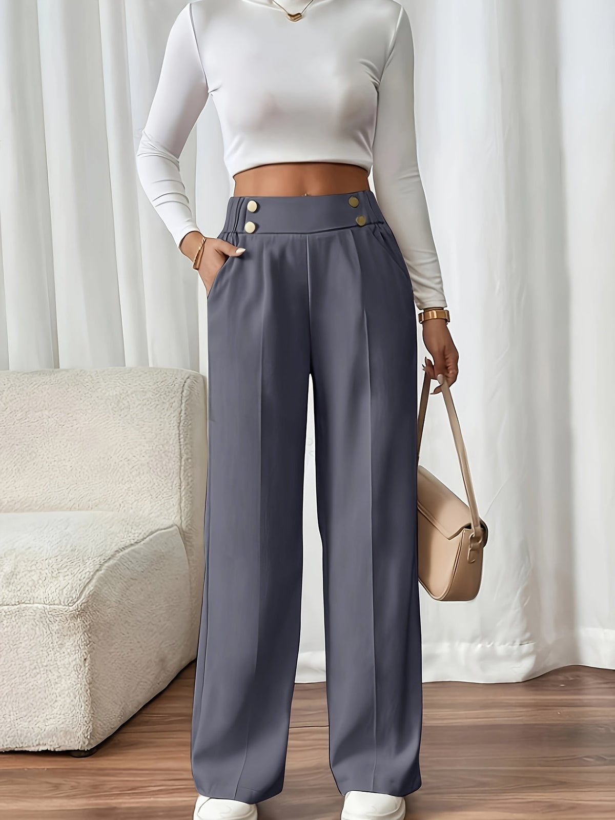 Dee | High Waist Wide Leg Trousers with Button Waistband