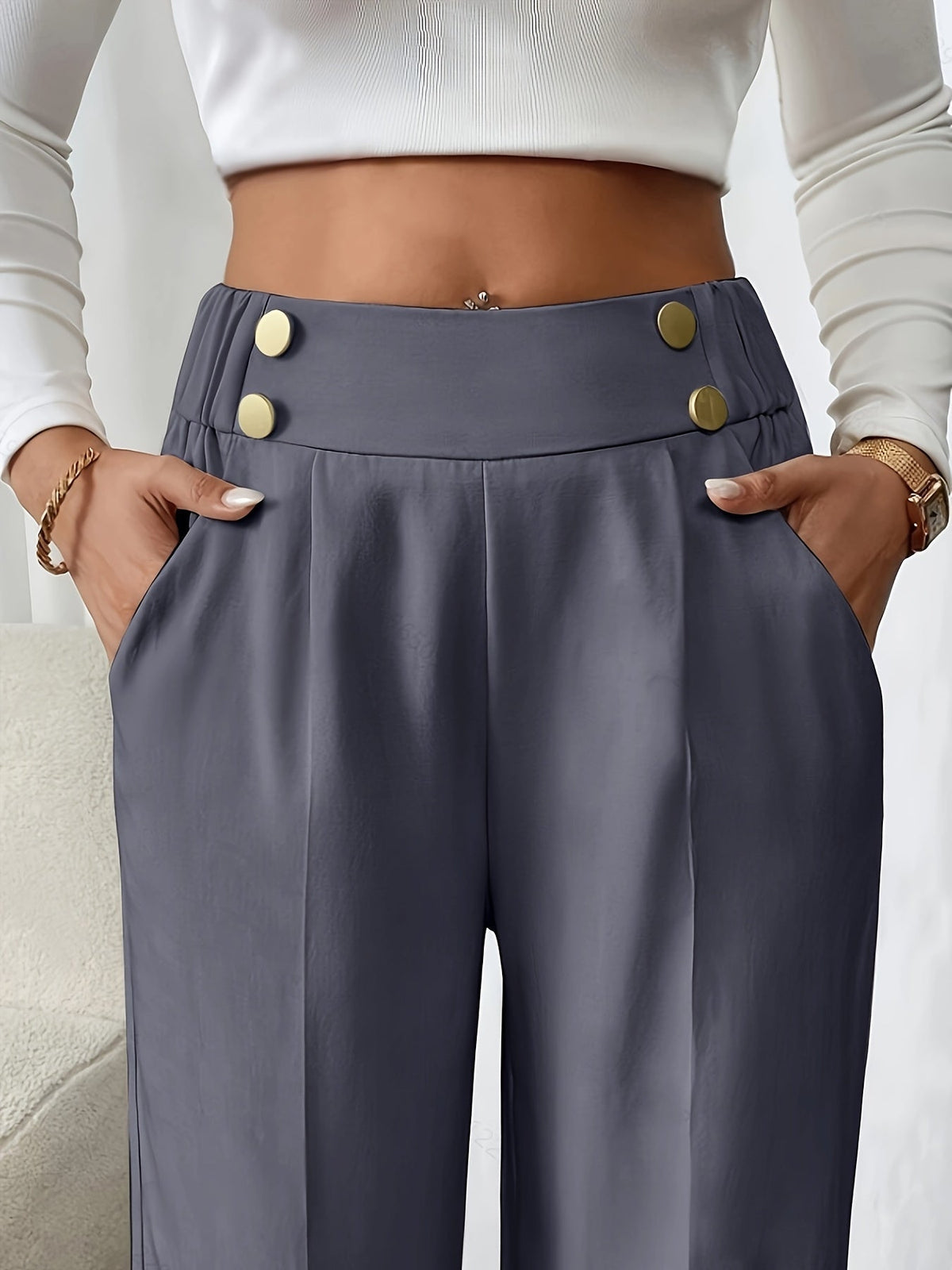 Dee | High Waist Wide Leg Trousers with Button Waistband