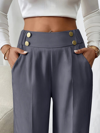 Dee | High Waist Wide Leg Trousers with Button Waistband