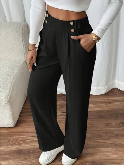 Dee | High Waist Wide Leg Trousers with Button Waistband