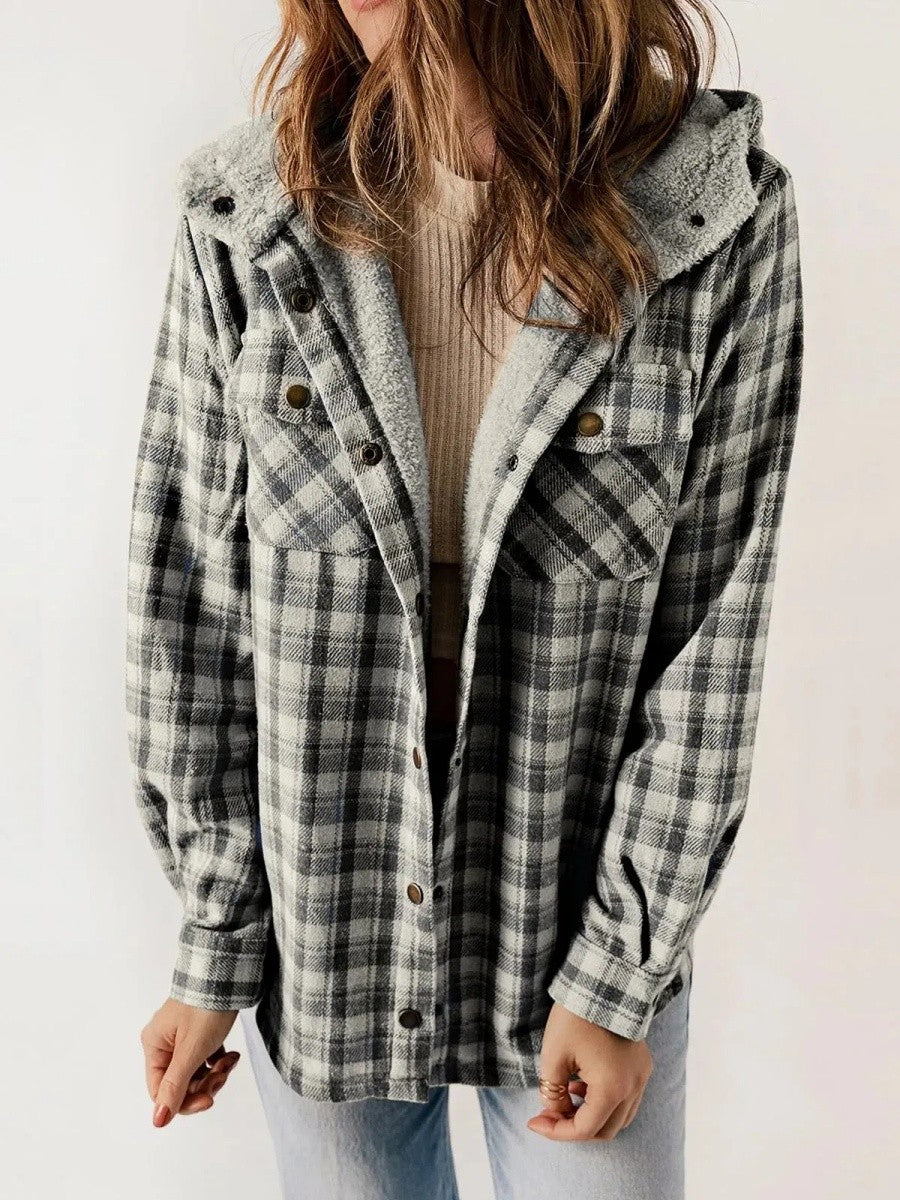 Rhiannon | Relaxed Fit Check Flannel Shacket with Sherpa Lined Hood