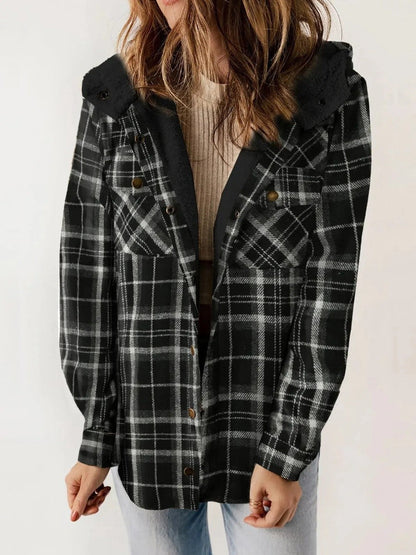 Rhiannon | Relaxed Fit Check Flannel Shacket with Sherpa Lined Hood
