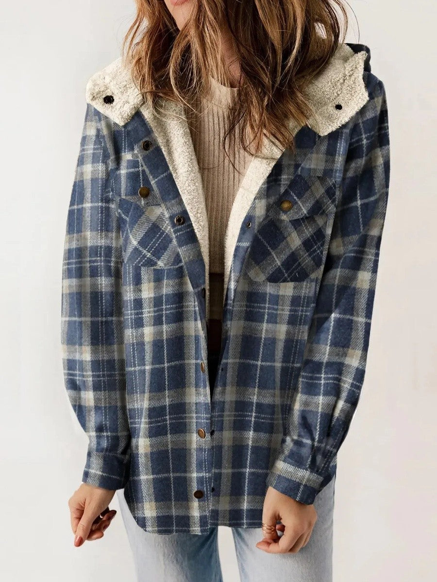 Rhiannon | Relaxed Fit Check Flannel Shacket with Sherpa Lined Hood