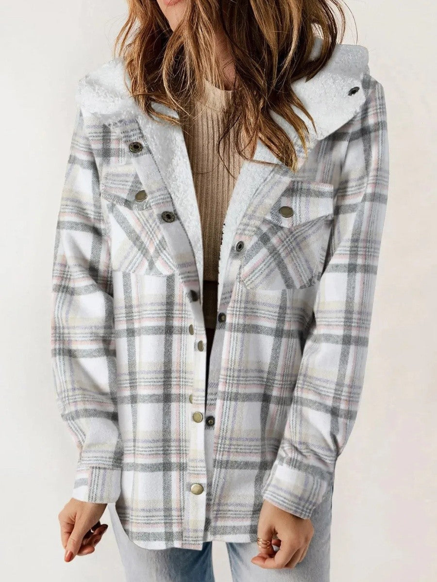 Rhiannon | Relaxed Fit Check Flannel Shacket with Sherpa Lined Hood