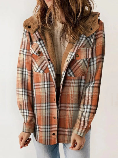 Rhiannon | Relaxed Fit Check Flannel Shacket with Sherpa Lined Hood