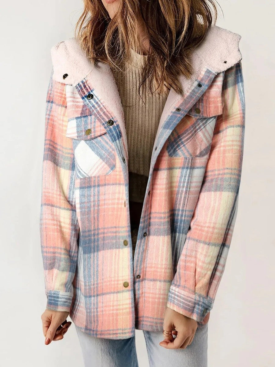 Rhiannon | Relaxed Fit Check Flannel Shacket with Sherpa Lined Hood